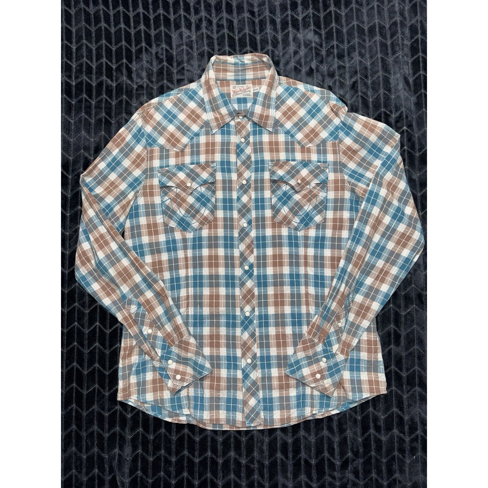True Religion Mens Plaid Pearl Snap Western Long Sleeve Shirt Pockets Sz 2XL